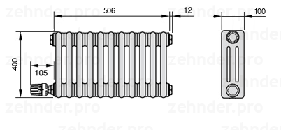 Схема (чертеж) Радиатор Zehnder Charleston 3040/11 №V003 Белый глянцевый RAL 9016